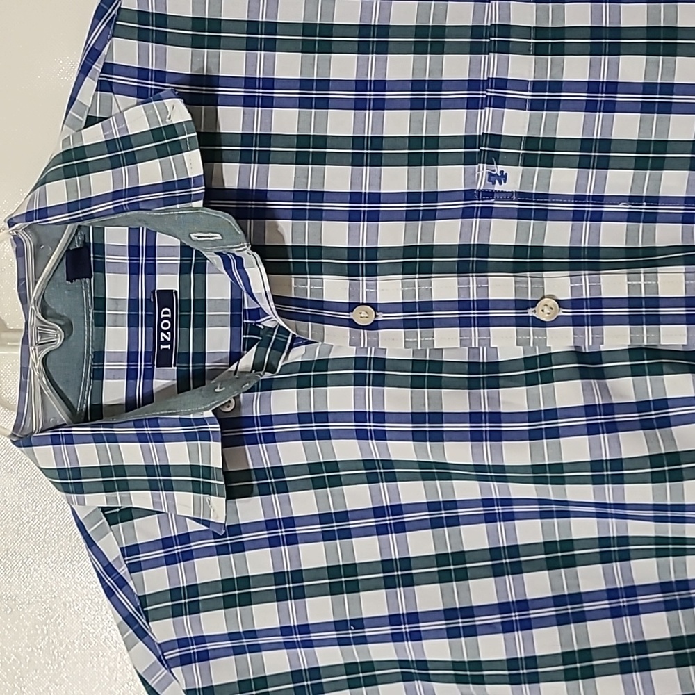 Izod Men's Blue and Green Plaid Long Sleeve Button-Up Shirt - Size Large‎